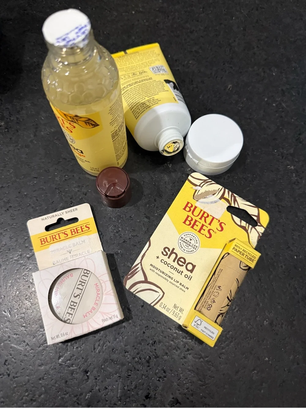 NEW Burt's Bees Shea Body Oil, Peach Pore Scrub, Lip Balm & Miracle Balm SEALED